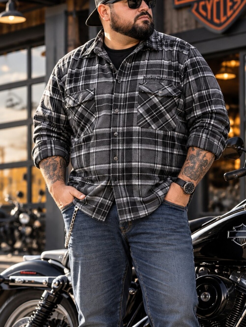 Harley-Davidson 4XL Plaid Flannel Shirt Heavy Embroidered Spellout Biker